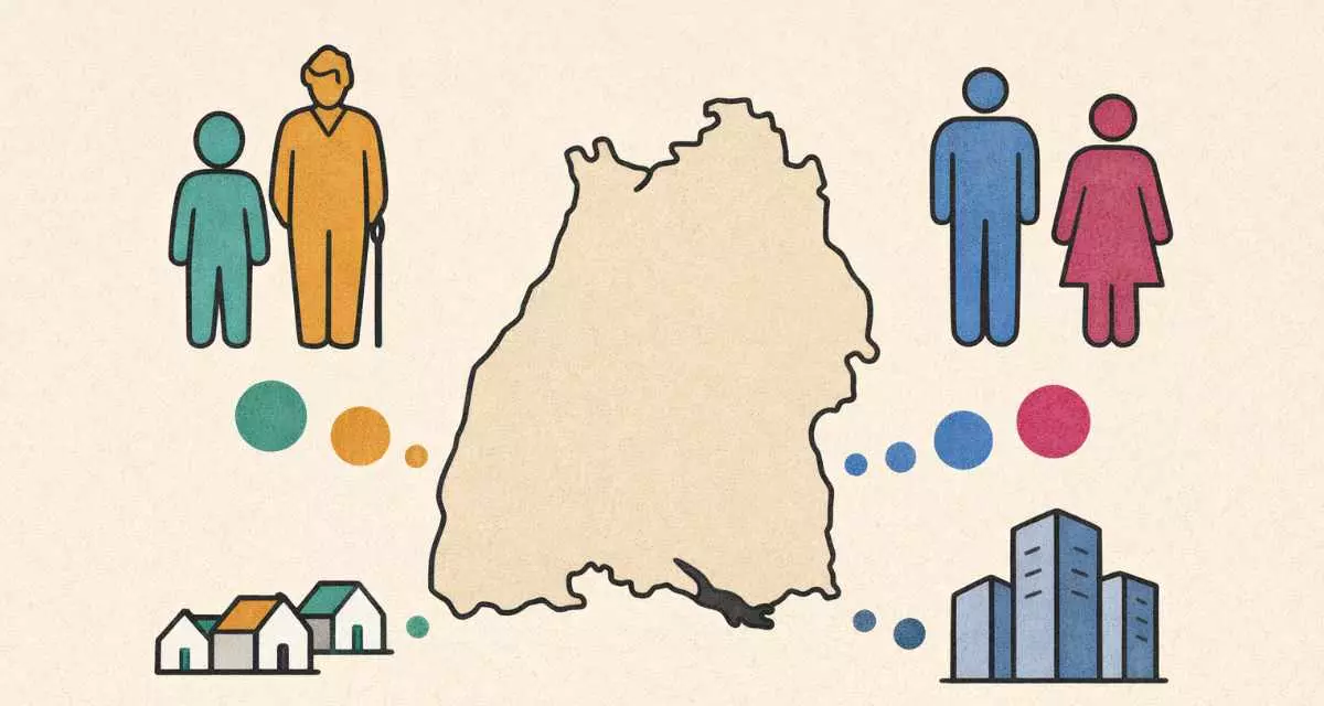 Illustration: LpB BW, KI-generiert (ChatGPT) Illustration mit der Landkarte Baden-Württembergs, darum stilisierte alte, junge Menschen, männliche, weibliche, kleine Häuser und Hochhäuser.