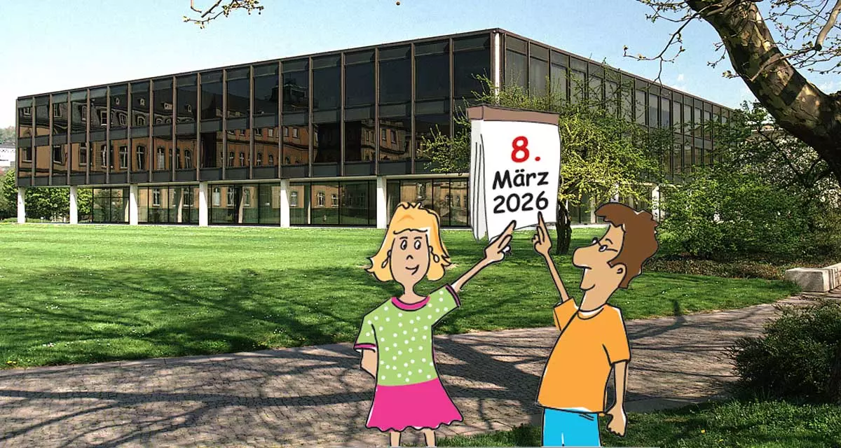 Landtag von Baden-Württemberg. Davor Grafik von einer Frau und Mann die auf ein Kalenderblatt zeigen 8. März 2026. Grafik: Tamara Dubinin Landtag von Baden-Württemberg. Davor Grafik von einer Frau und Mann die auf ein Kalenderblatt zeigen 8. März 2026. Grafik: Tamara Dubinin
