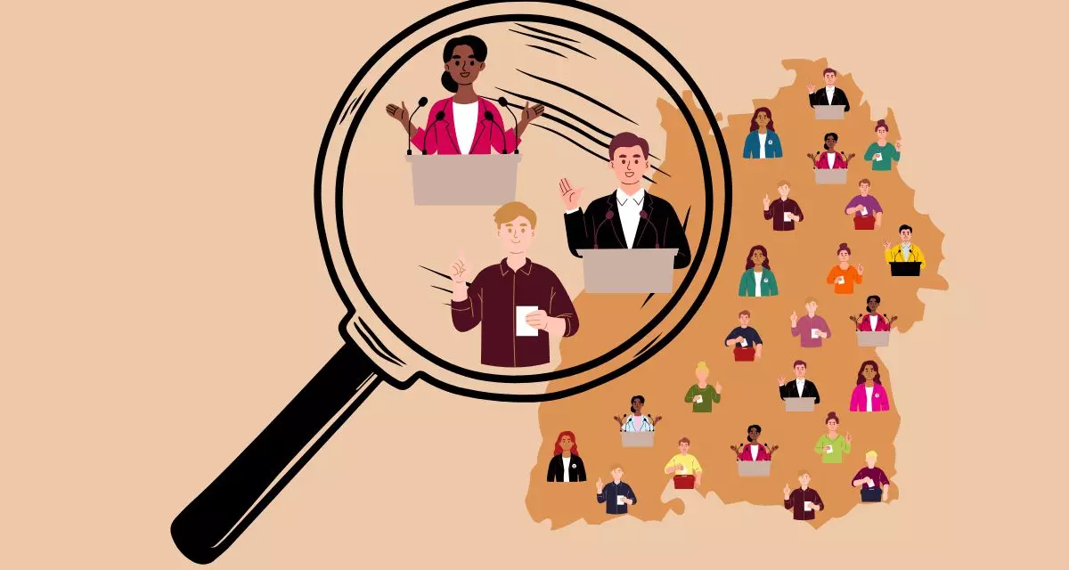Symbolbild Wahlkreiskandidierende. Illustration: LpB BW Illustration einer Karte von Baden-Württemberg, auf der mehrere Menschen zu sehen sind. Eine Lupe zeigt drei Personen vergrößert.