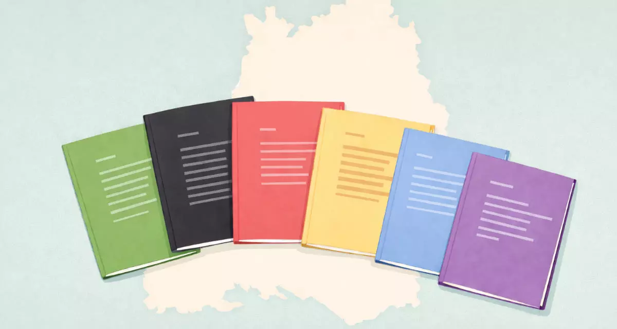 Illustration: KI-generiert (ChatGPT für LpB BW) Illustration von sechs Heften in den Farben grün, schwarz, rot, gelb, blau, lila. Im Hintergrund Umrisse Baden-Württembergs.