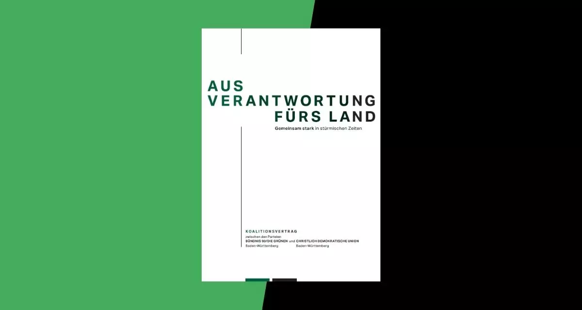 Grafik: LpB BW Screenshot des Koalitionsvertrags-Deckblatts vor einem grünen und einem schwarzen Farbfeld.