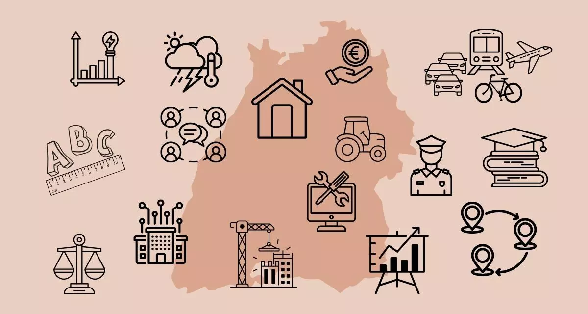 Illustration: LpB BW Umriss der Landkarte von Baden-Württemberg, darum Symbole für politische Themenfelder.