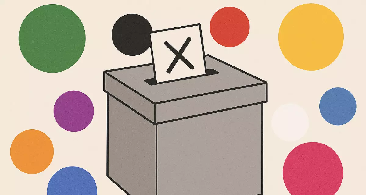 Illustration: LpB BW, KI-generiert (ChatGPT) Bunte Kreise um eine Wahlurne, in der ein Zettel mit Kreuz steckt.