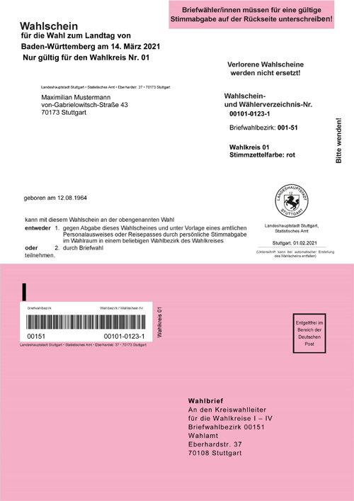 Muster-Wahlschein der Stadt Stuttgart für die Landtagswahl 2021 in Baden-Württemberg