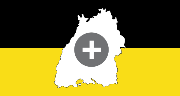 BaWü-Plus als Lösungsvorschlag zur Reform des Wahlsystems in Baden-Württemberg. Grafik: Karte von Baden-Württemberg (JörgM, wikimedia, CC BY-SA 2.0), Flagge von Baden-Württemberg (wikimedia, gemeinfrei)