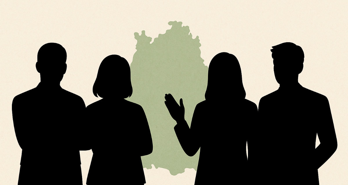 Symbolbild Spitzenkandidierende. Illustration: ChatGPT für LpB BW Die Silhouetten von vier Personen vor einem Umriss der Landkarte Baden-Württembergs.