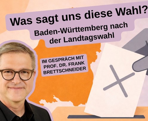Foto: Prof. Dr. Frank Brettschneider | Uni Hohenheim / Carmen Moosmann. Hintergrund-Grafik: KI-generiert mit ChatGPT. Porträt von Frank Brettschneider, im Hintergrund ein Stimmzettel, der in eine Wahlrune gesteckt wird, sowie die Umrisse Baden-Württembergs. Schriftzug: Was sagt uns diese Wahl? Baden-Württemberg nach der Landtagswahl. Im Gespräch mit Prof. Dr. Frank Brettschneider